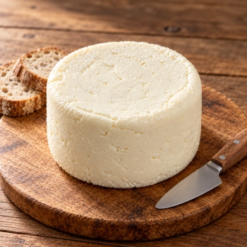 Naturalny ser podpuszczkowy niewędzony 1,5 kg na drewnianej desce z pieczywem i nożem.